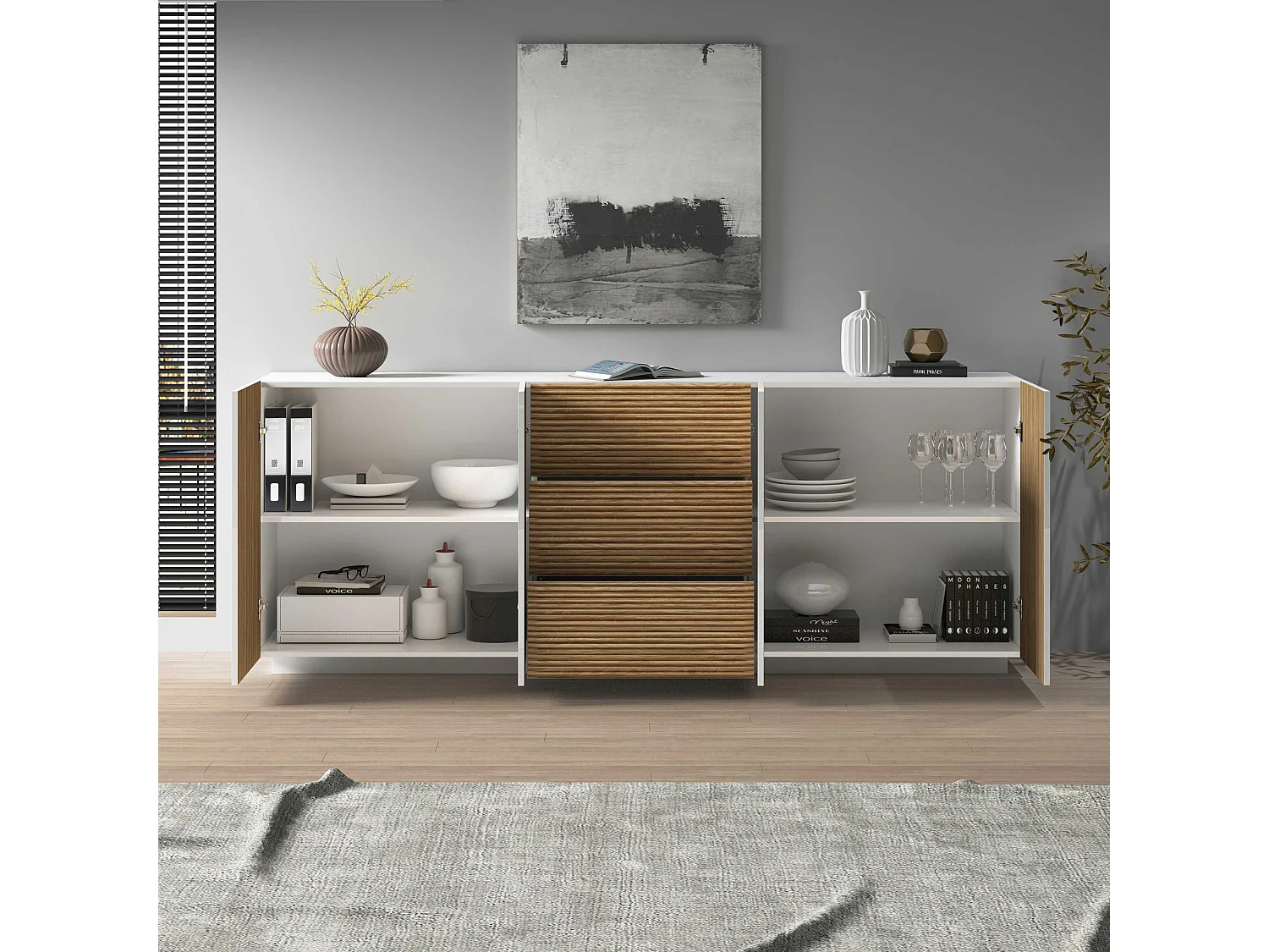 Credenza Coste a 4 ante e 3 cassetti bianco opaco e legno chiaro 220,1x43x86 cm