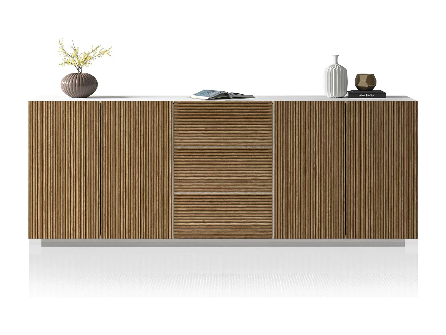 Credenza Coste a 4 ante e 3 cassetti bianco opaco e legno chiaro 220,1x43x86 cm
