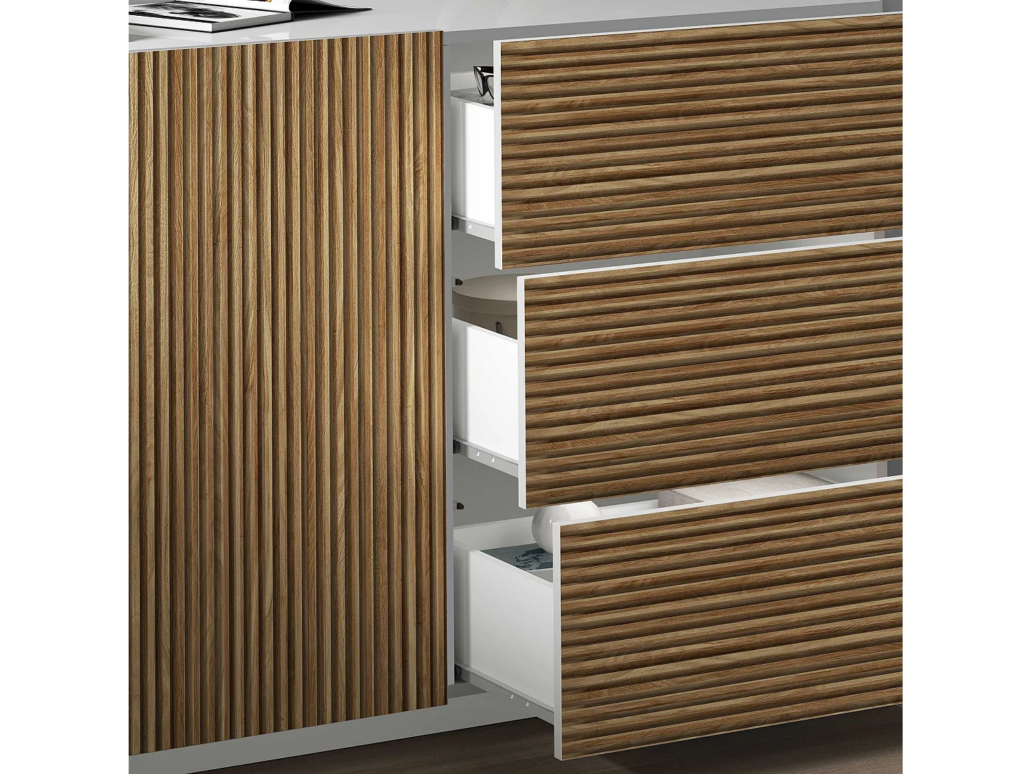 Credenza Coste a 4 ante e 3 cassetti bianco opaco e legno chiaro 220,1x43x86 cm