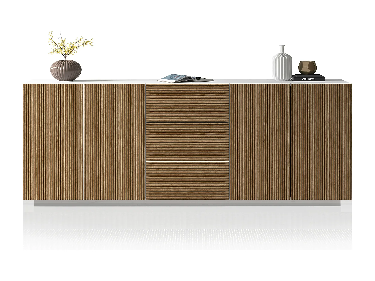 Buffet Coste avec 4 portes et 3 tiroirs effet cannelé couleur blanc mat et bois clair 220,1x43x86 cm