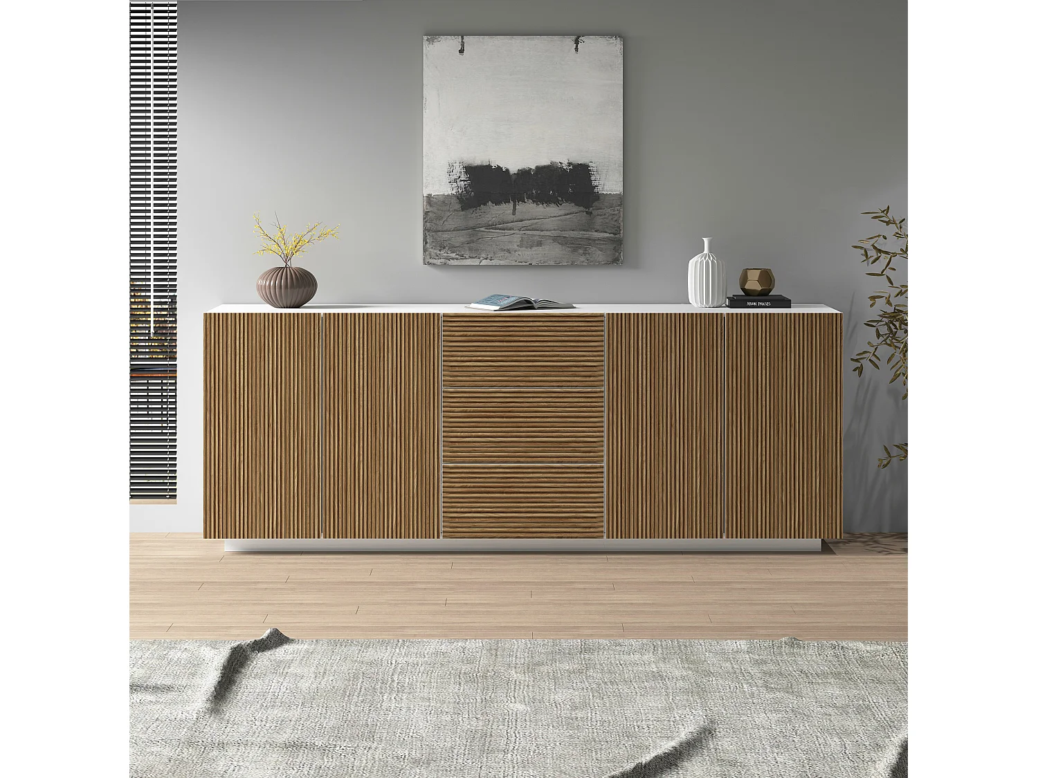 Buffet Coste avec 4 portes et 3 tiroirs effet cannelé couleur blanc mat et bois clair 220,1x43x86 cm