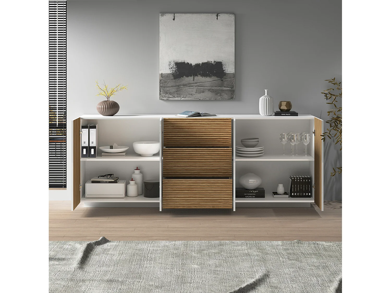 Buffet Coste avec 4 portes et 3 tiroirs effet cannelé couleur blanc mat et bois clair 220,1x43x86 cm