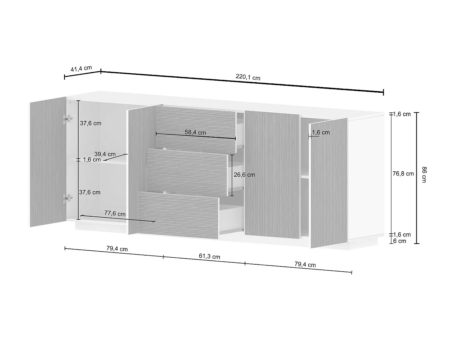 Buffet Coste avec 4 portes et 3 tiroirs effet cannelé couleur blanc mat et bois clair 220,1x43x86 cm