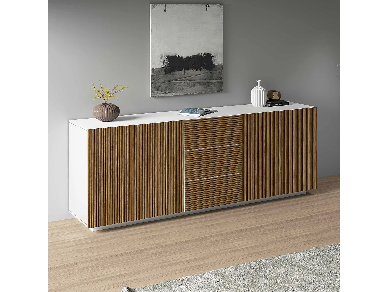 Buffet Coste avec 4 portes et 3 tiroirs effet cannelé couleur blanc mat et bois clair 220,1x43x86 cm