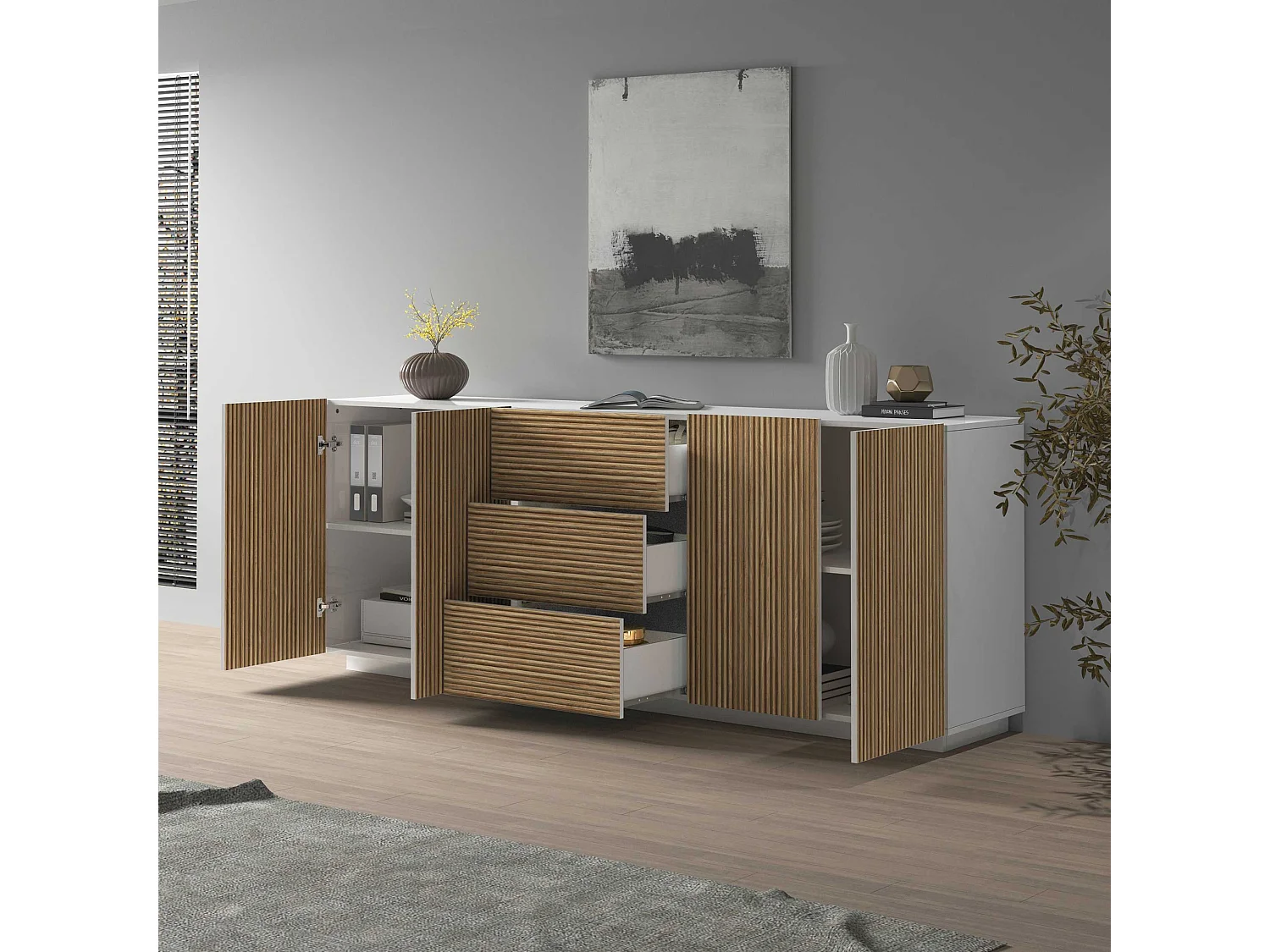 Buffet Coste avec 4 portes et 3 tiroirs effet cannelé couleur blanc mat et bois clair 220,1x43x86 cm