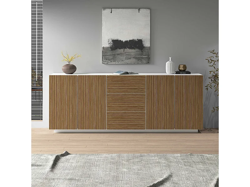 Credenza Coste a 4 ante e 3 cassetti bianco opaco e legno chiaro 220,1x43x86 cm
