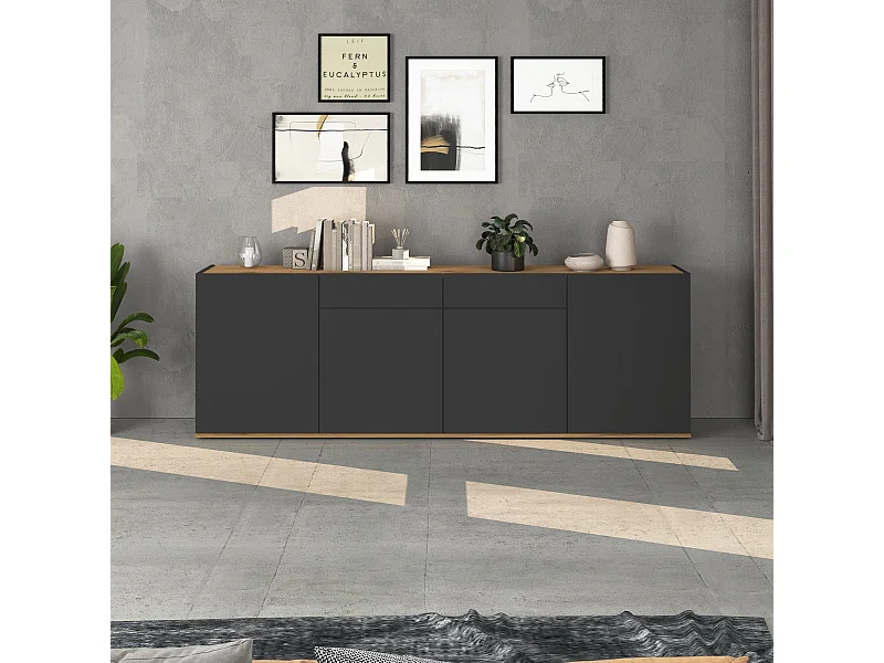 Madia Garda a 4 ante e 2 cassetti antracite opaco/rovere 200x35x71 cm