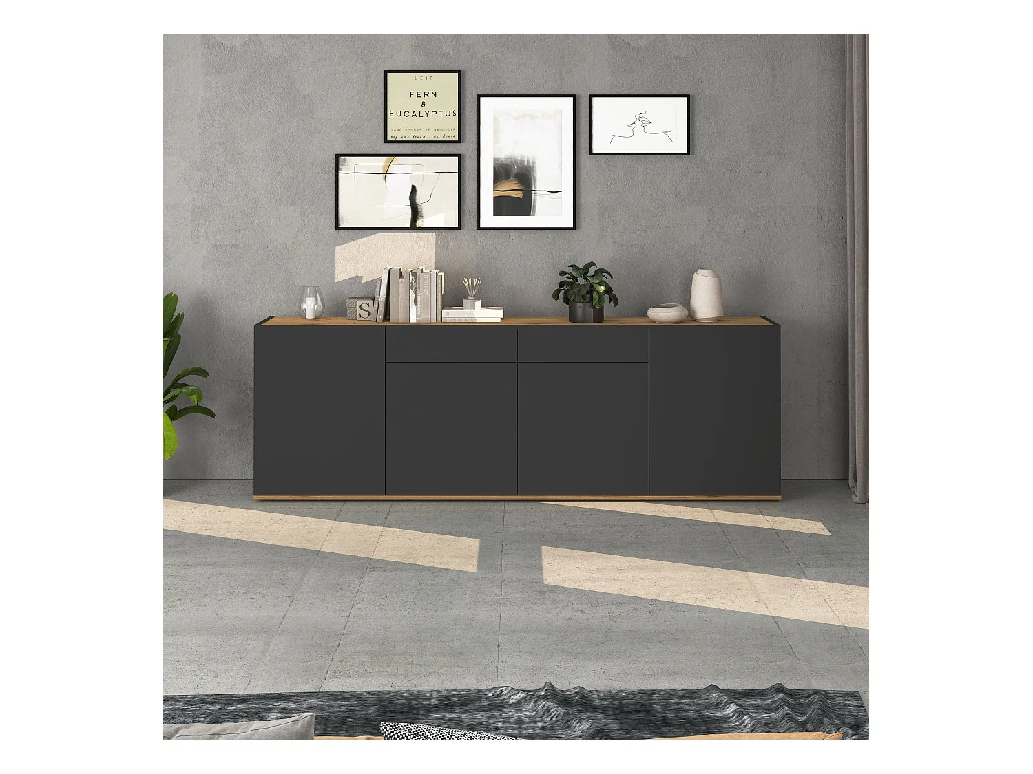 Madia Garda a 4 ante e 2 cassetti antracite opaco/rovere 200x35x71 cm