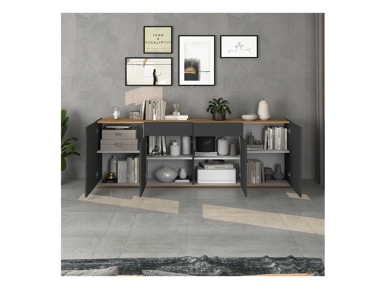 Madia Garda a 4 ante e 2 cassetti antracite opaco/rovere 200x35x71 cm