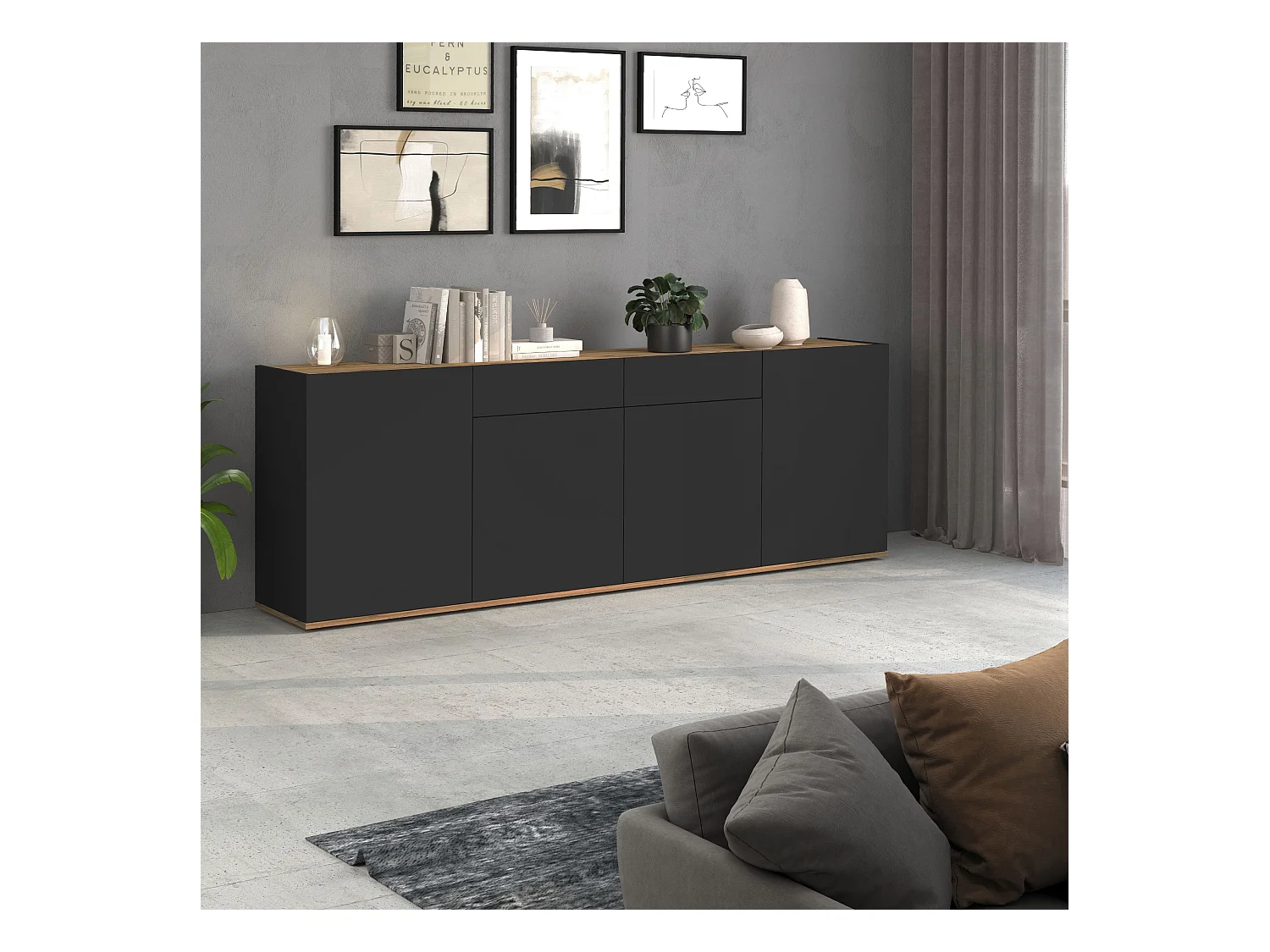 Madia Garda a 4 ante e 2 cassetti antracite opaco/rovere 200x35x71 cm