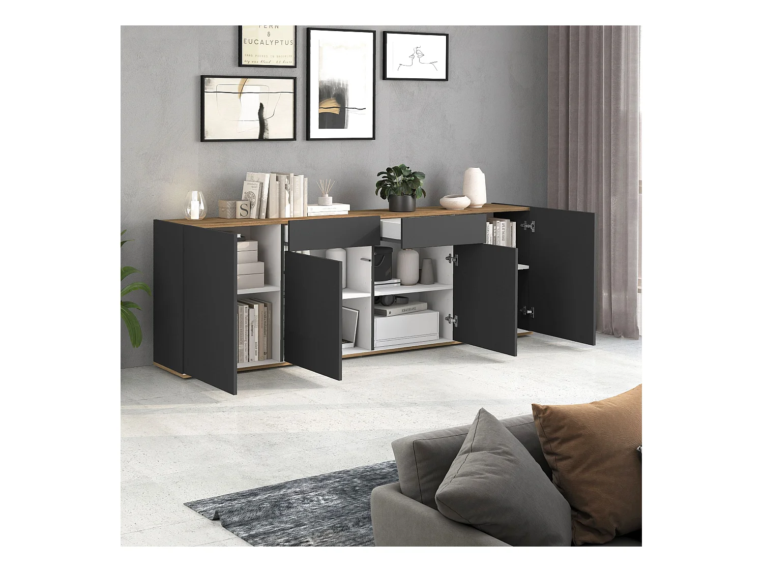 Madia Garda a 4 ante e 2 cassetti antracite opaco/rovere 200x35x71 cm