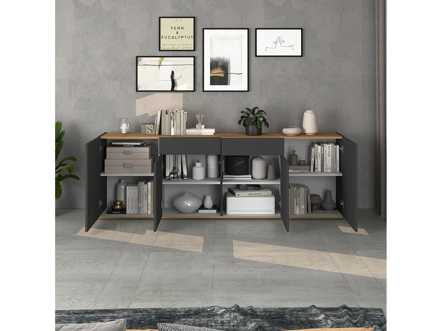 Madia Garda a 4 ante e 2 cassetti antracite opaco/rovere 200x35x71 cm