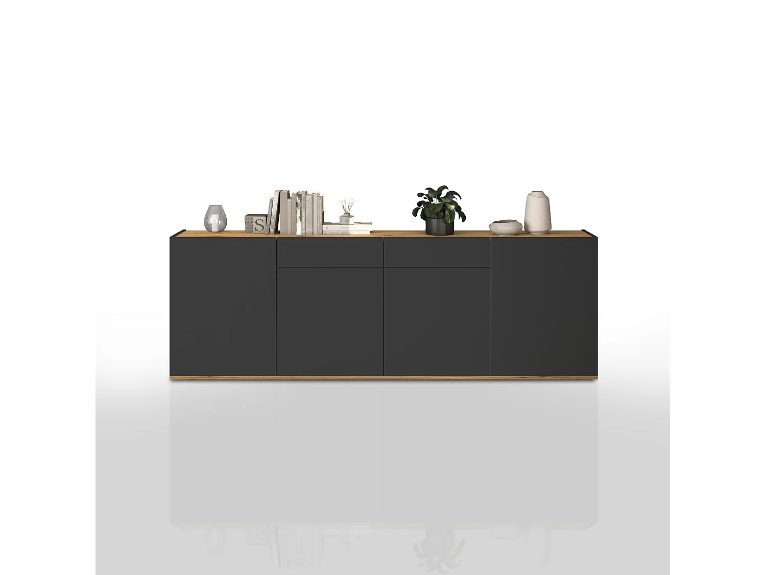 Aparador Garda con 4 puertas y 2 cajones en antracita mate/roble 200x35x71 cm
