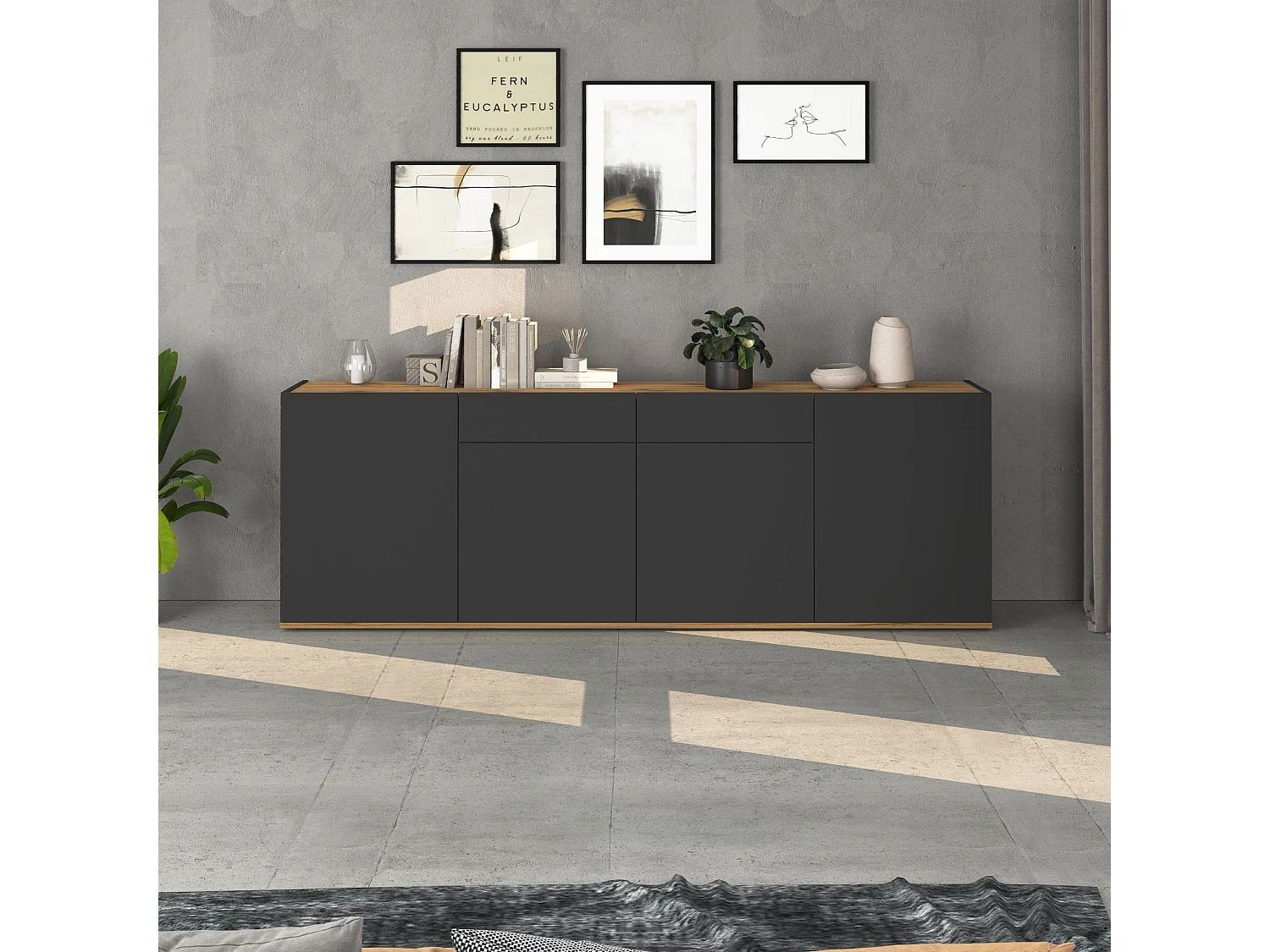 Aparador Garda con 4 puertas y 2 cajones en antracita mate/roble 200x35x71 cm