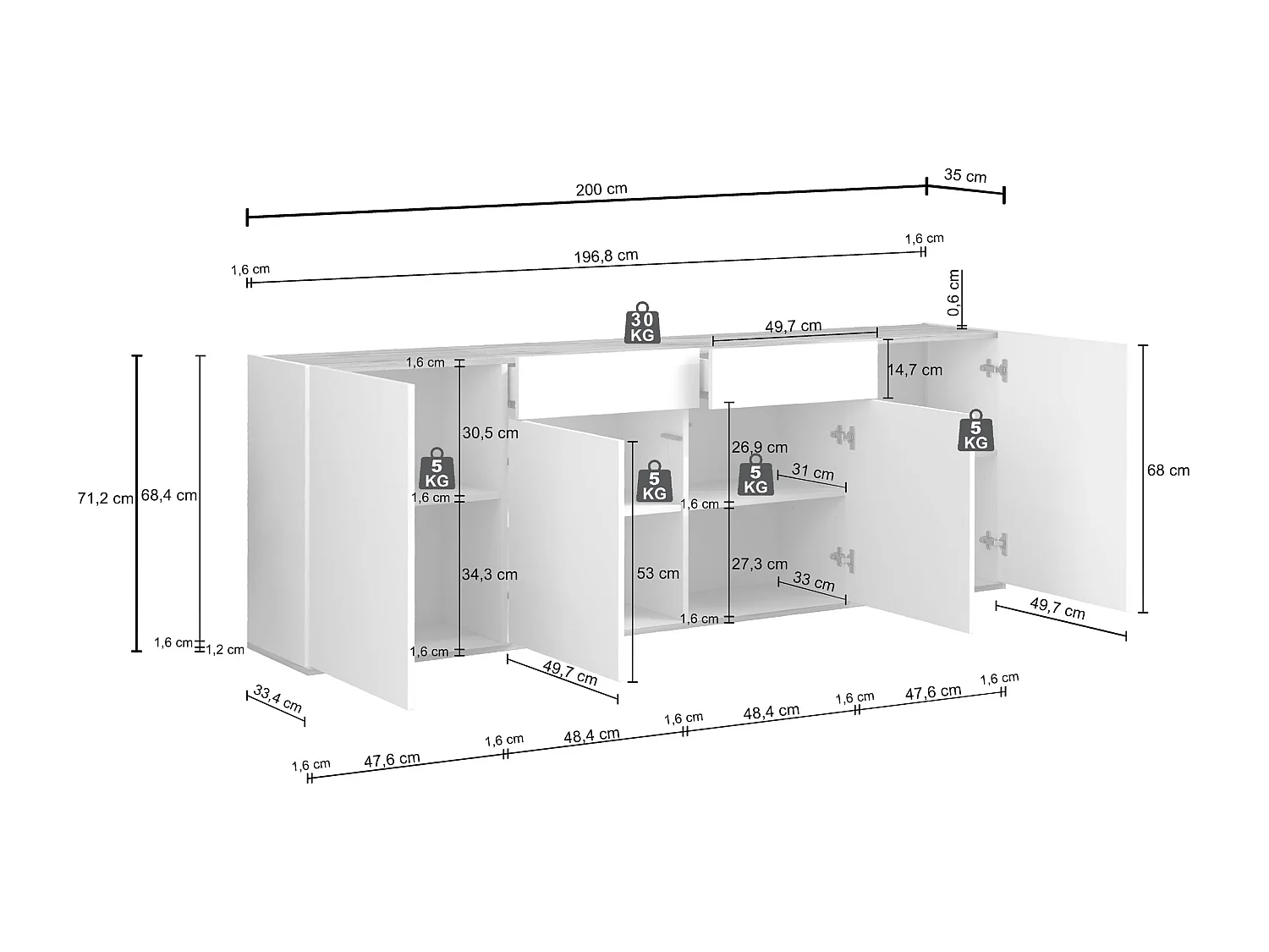 Aparador Garda con 4 puertas y 2 cajones en antracita mate/roble 200x35x71 cm
