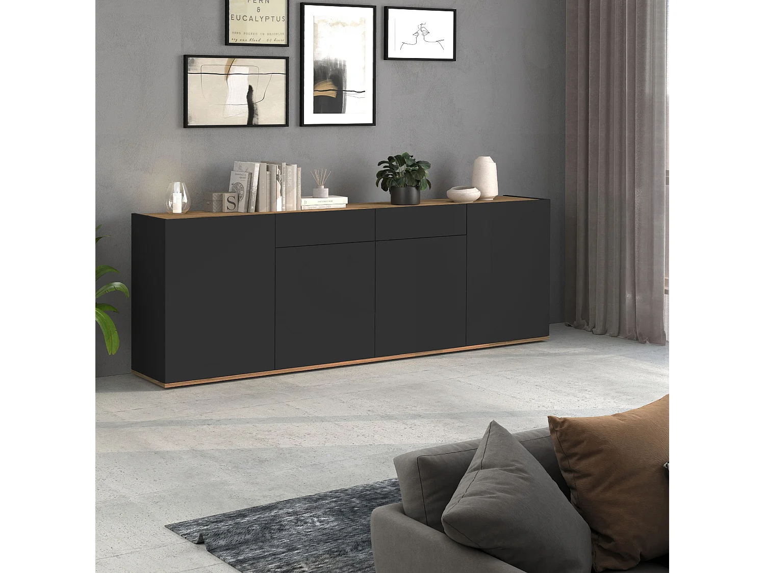 Aparador Garda con 4 puertas y 2 cajones en antracita mate/roble 200x35x71 cm
