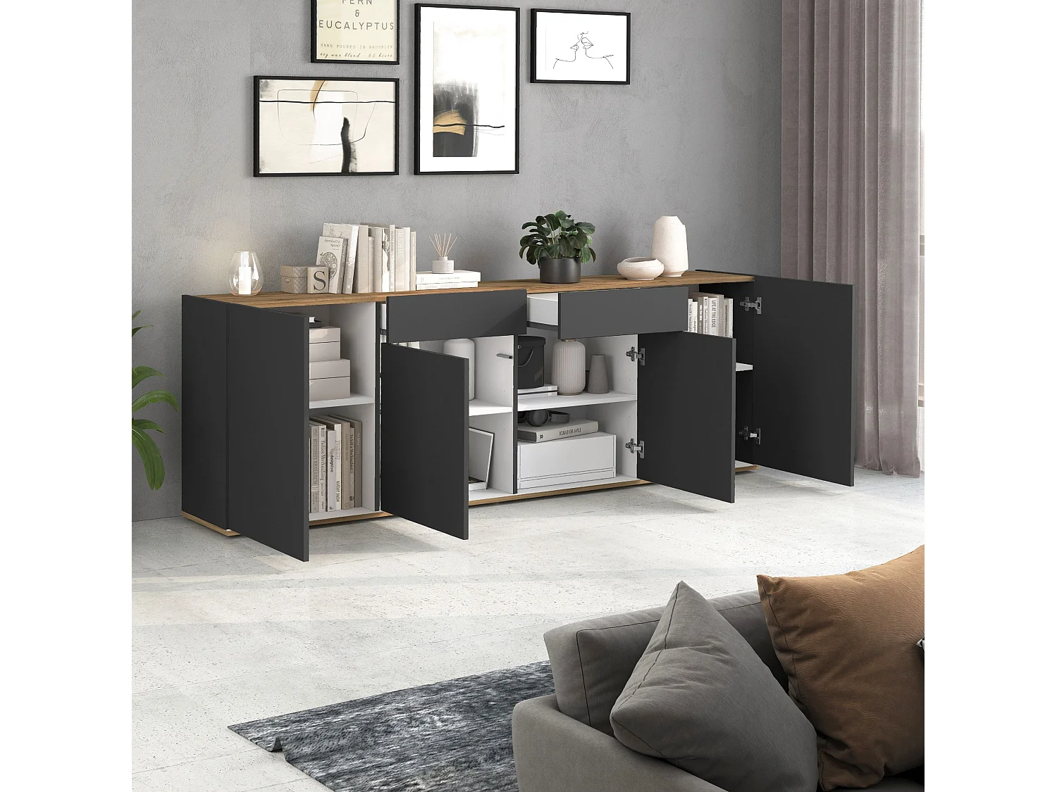 Aparador Garda con 4 puertas y 2 cajones en antracita mate/roble 200x35x71 cm