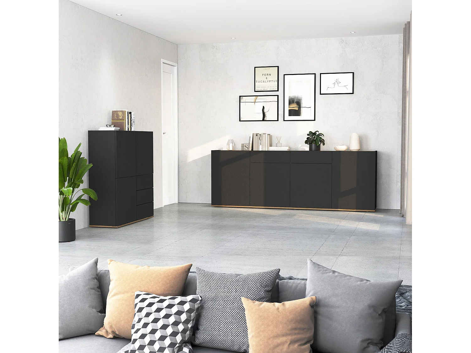 Aparador Garda con 4 puertas y 2 cajones en antracita mate/roble 200x35x71 cm