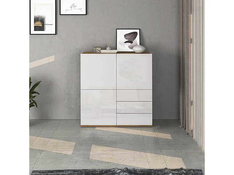 Credenza Garda a 3 ante e 3 cassetti bianco lucido e rovere 102x35x110 cm