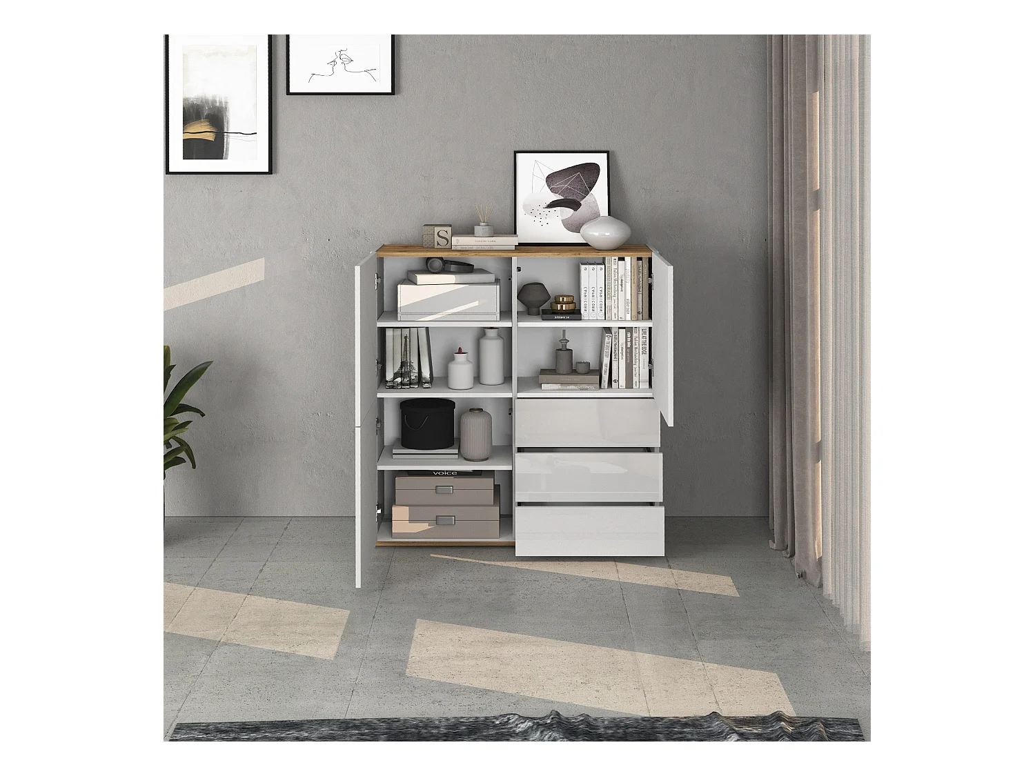 Credenza Garda a 3 ante e 3 cassetti bianco lucido e rovere 102x35x110 cm