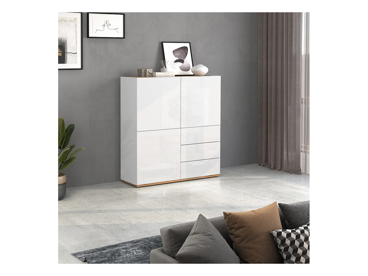 Credenza Garda a 3 ante e 3 cassetti bianco lucido e rovere 102x35x110 cm