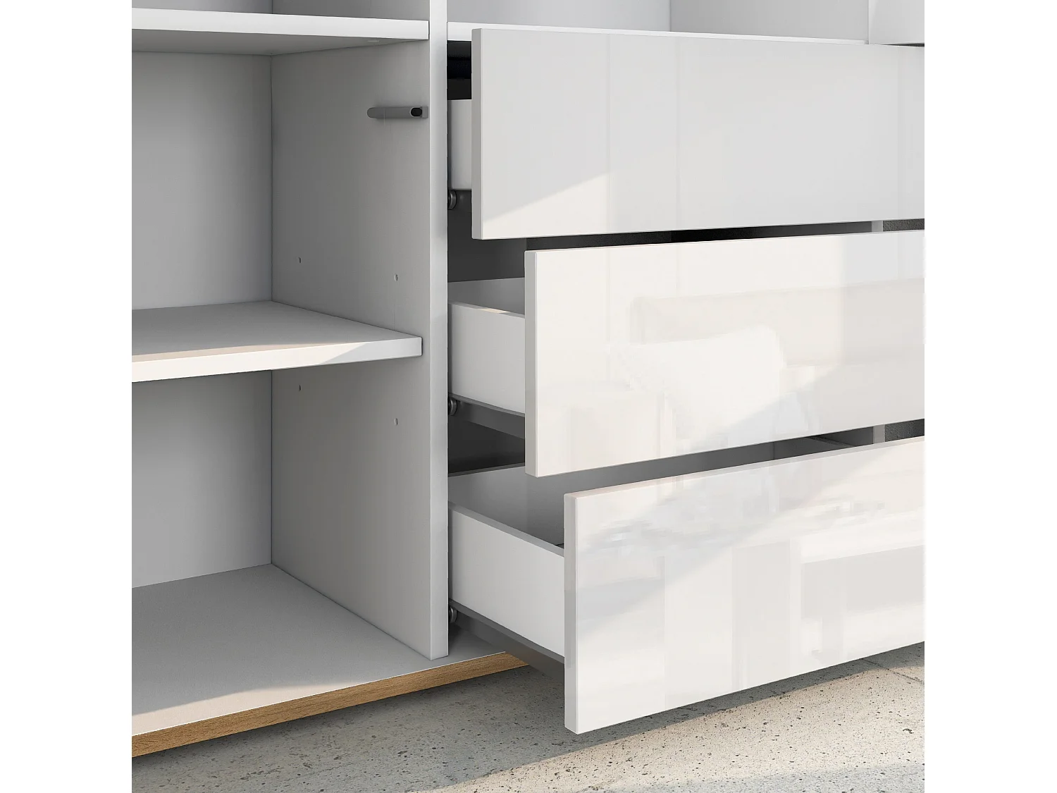 Credenza Garda a 3 ante e 3 cassetti bianco lucido e rovere 102x35x110 cm