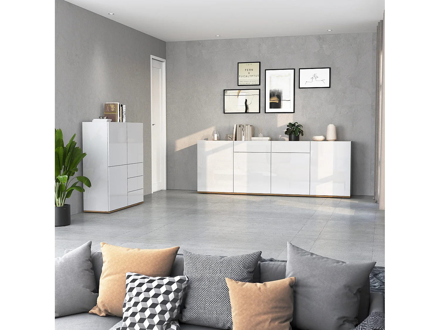 Credenza Garda a 3 ante e 3 cassetti bianco lucido e rovere 102x35x110 cm