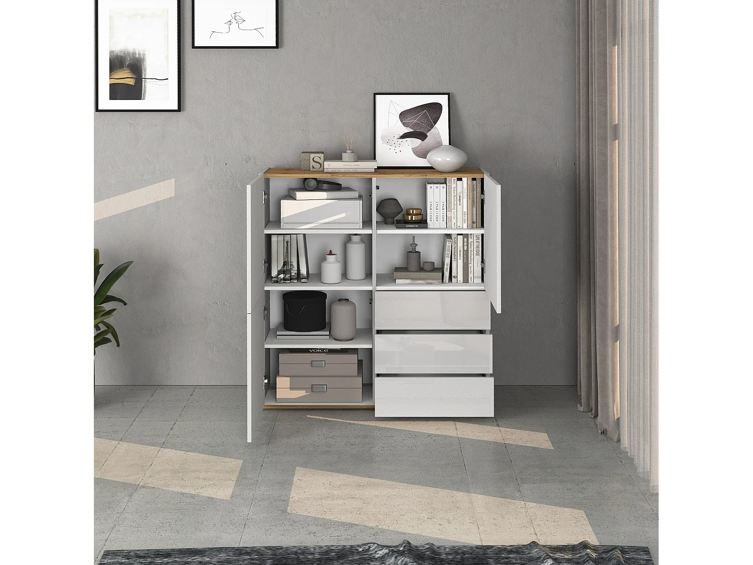 Credenza Garda a 3 ante e 3 cassetti bianco lucido e rovere 102x35x110 cm