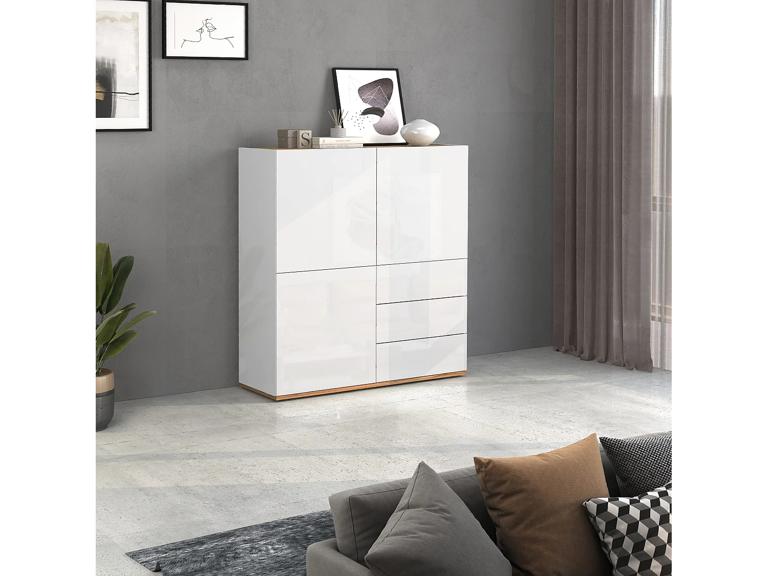 Credenza Garda a 3 ante e 3 cassetti bianco lucido e rovere 102x35x110 cm