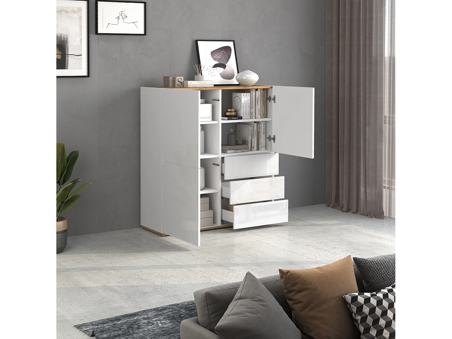 Credenza Garda a 3 ante e 3 cassetti bianco lucido e rovere 102x35x110 cm