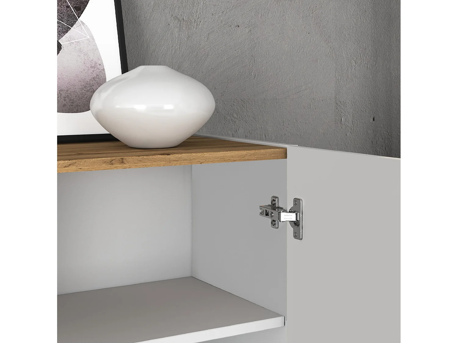 Credenza Garda a 3 ante e 3 cassetti bianco lucido e rovere 102x35x110 cm