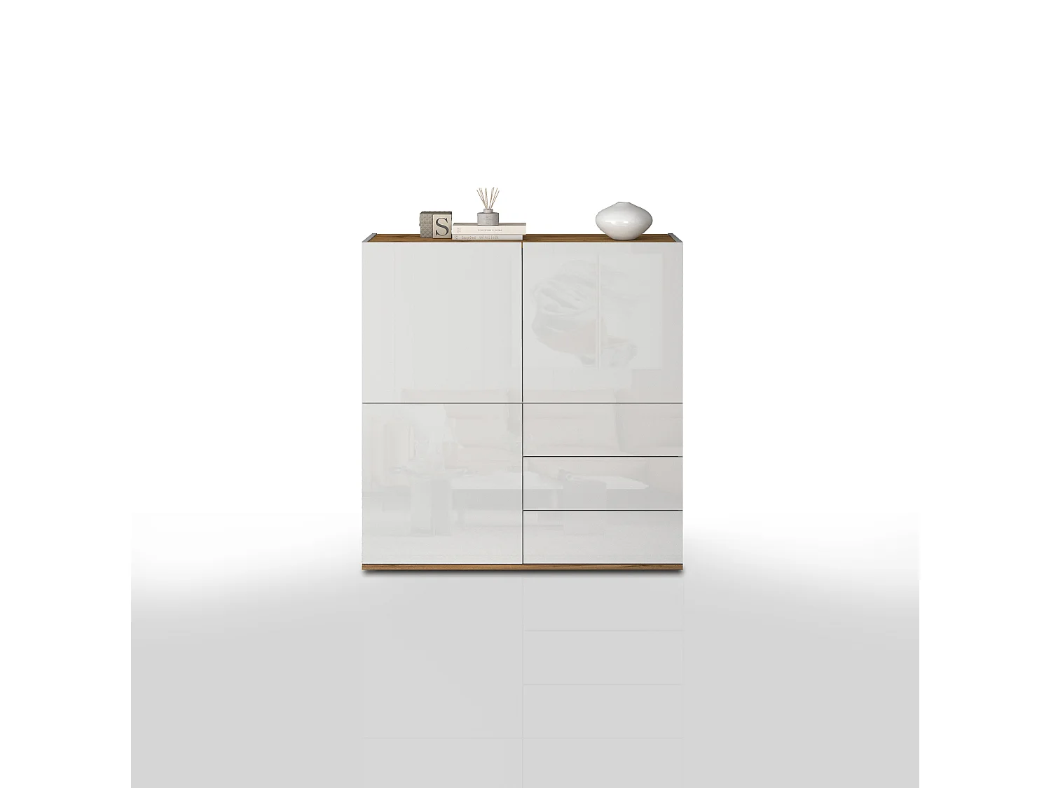 Aparador Garda con 3 puertas y 3 cajones blanco brillo y roble 102x35x110 cm