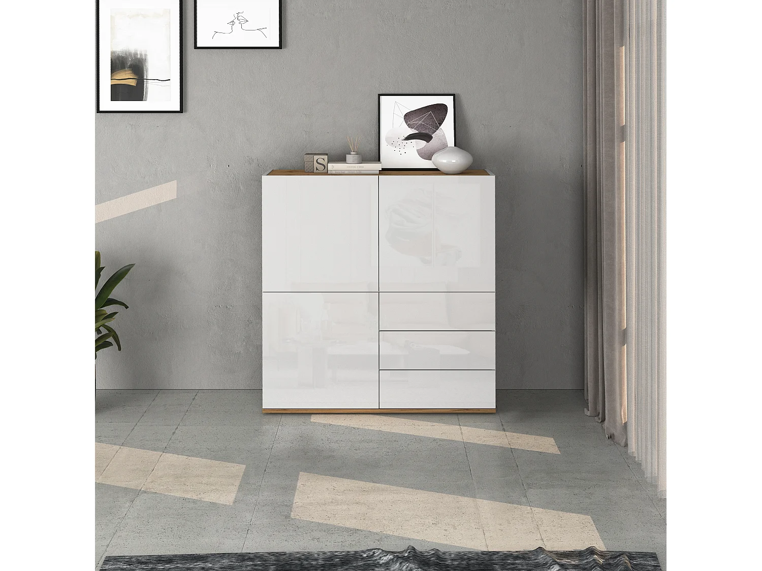 Aparador Garda con 3 puertas y 3 cajones blanco brillo y roble 102x35x110 cm