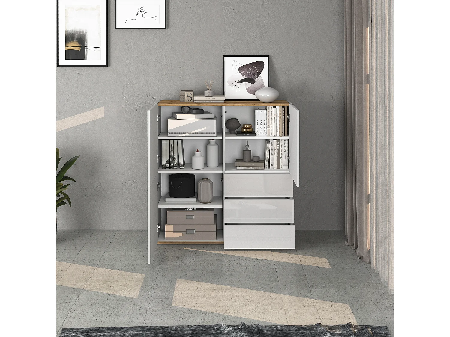 Aparador Garda con 3 puertas y 3 cajones blanco brillo y roble 102x35x110 cm