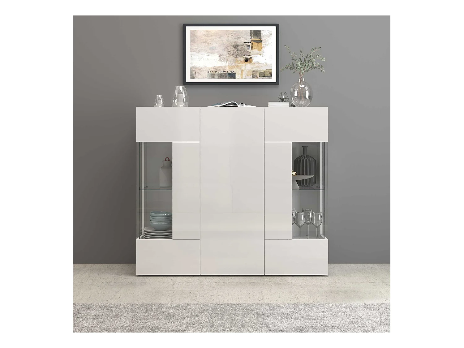 Credenza Egypt con 3 ante e inserti in vetro espositivi bianco lucido 135x40x120 cm