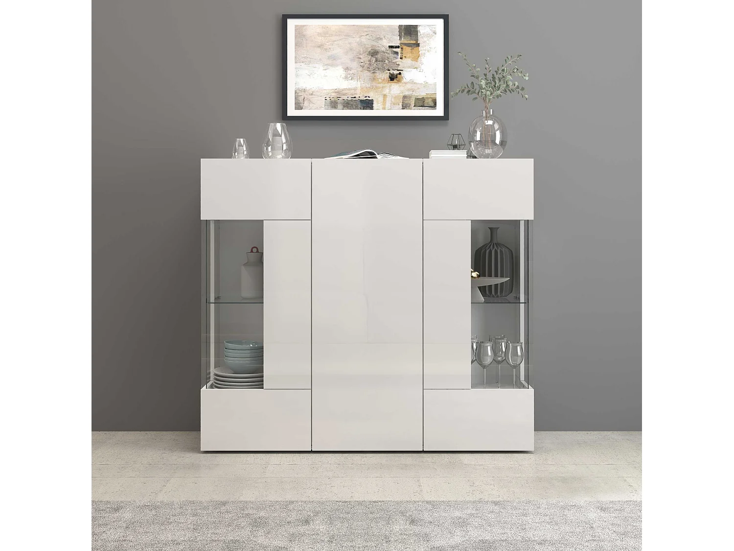 Credenza Egypt con 3 ante e inserti in vetro espositivi bianco lucido 135x40x120 cm