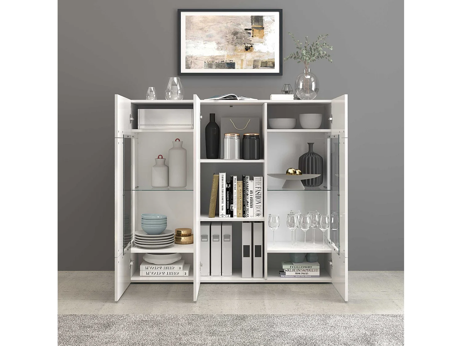 Credenza Egypt con 3 ante e inserti in vetro espositivi bianco lucido 135x40x120 cm