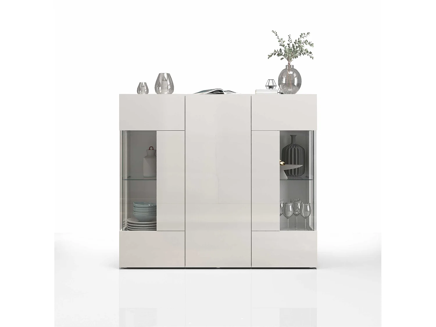 Credenza Egypt con 3 ante e inserti in vetro espositivi bianco lucido 135x40x120 cm