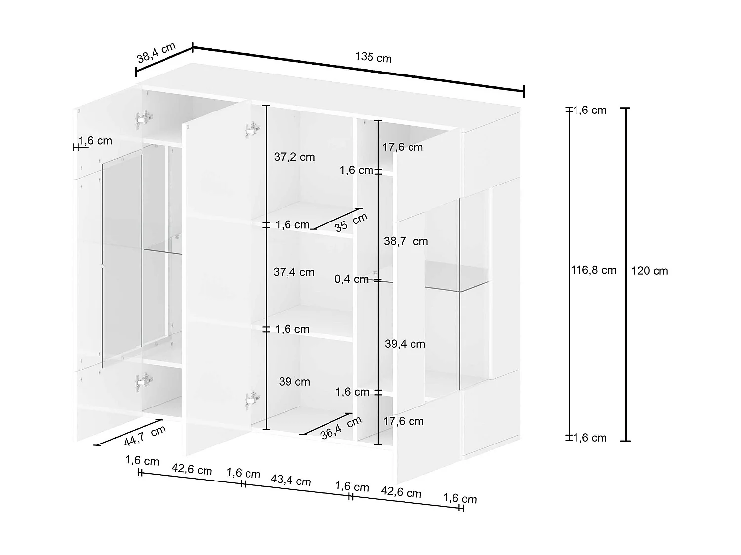Credenza Egypt con 3 ante e inserti in vetro espositivi bianco lucido 135x40x120 cm