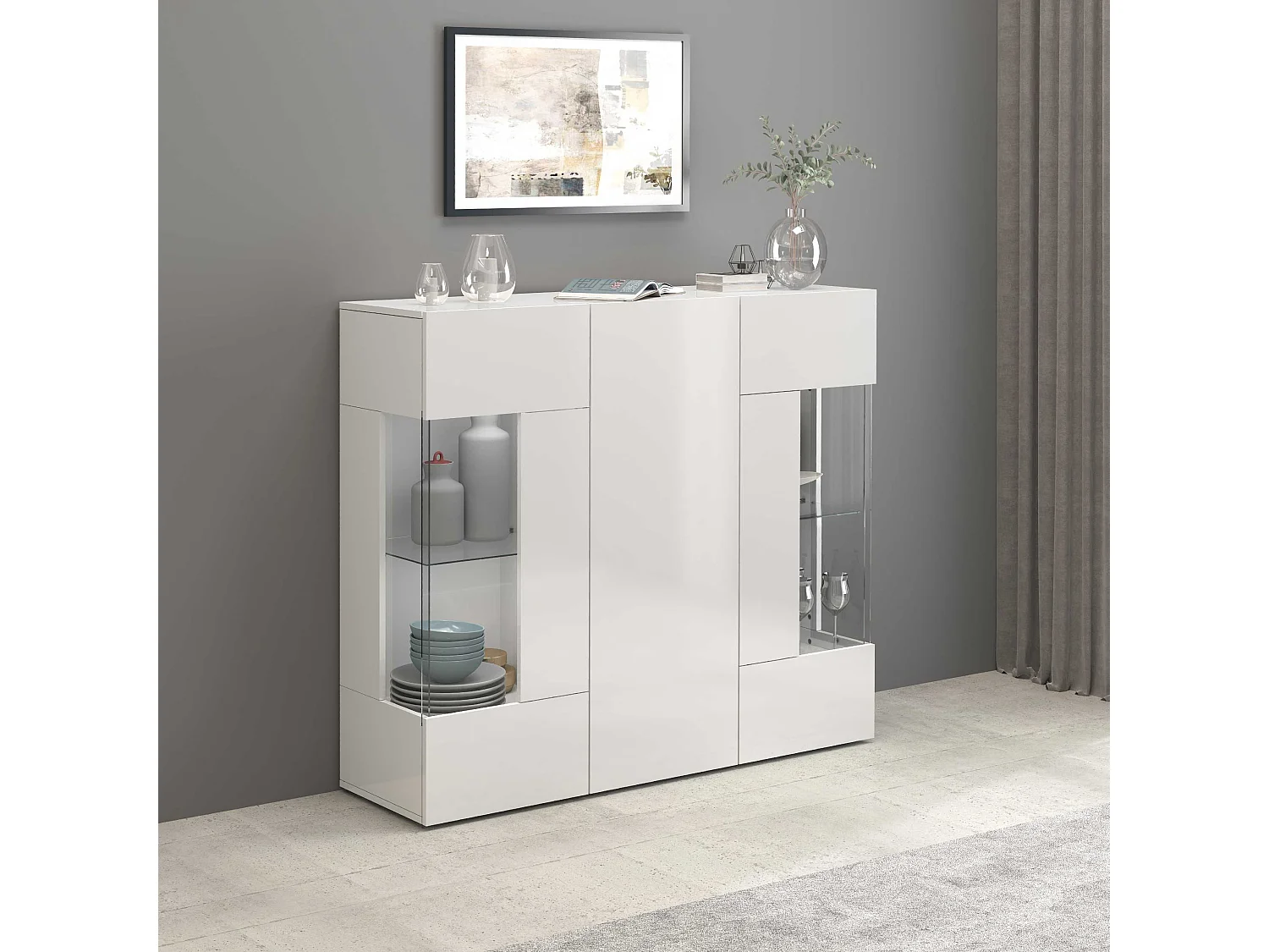 Credenza Egypt con 3 ante e inserti in vetro espositivi bianco lucido 135x40x120 cm