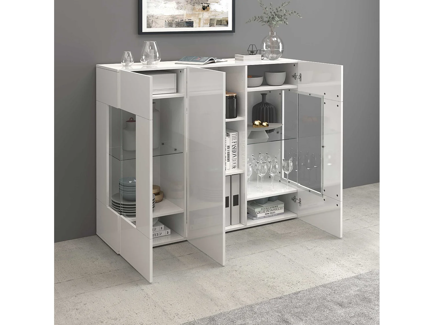 Credenza Egypt con 3 ante e inserti in vetro espositivi bianco lucido 135x40x120 cm