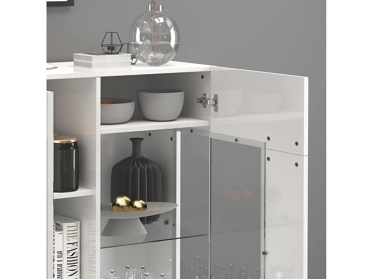 Credenza Egypt con 3 ante e inserti in vetro espositivi bianco lucido 135x40x120 cm