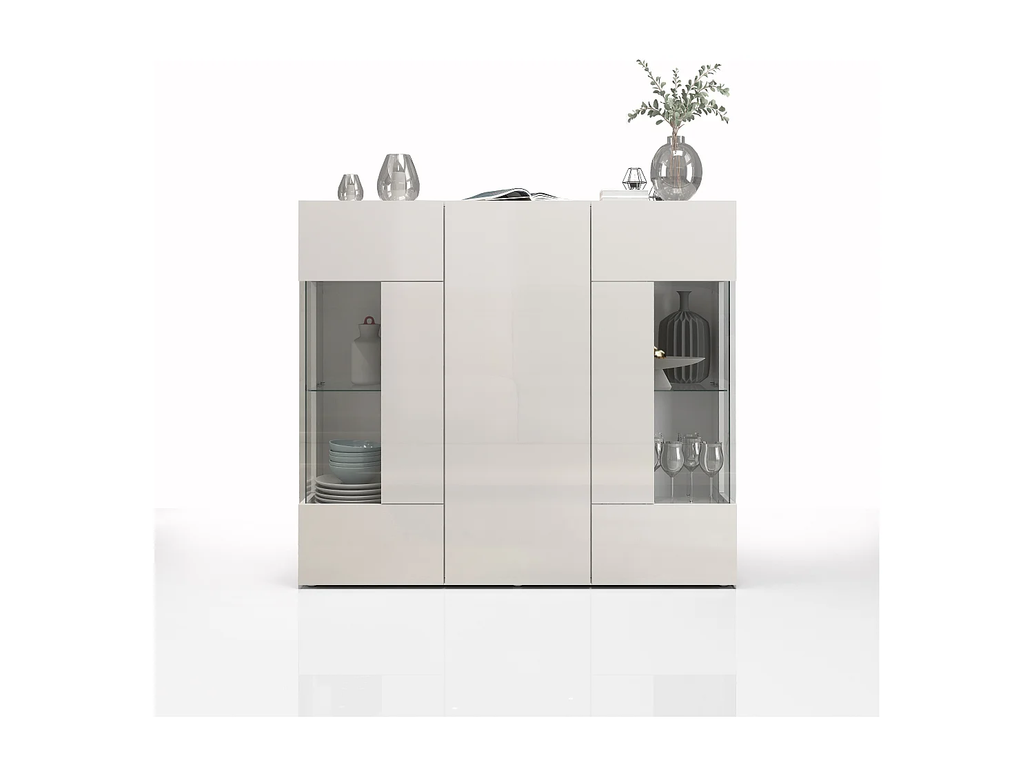 Aparador Egypt con 3 puertas e inserciones de cristal expositor blanco brillo 135x40x120 cm