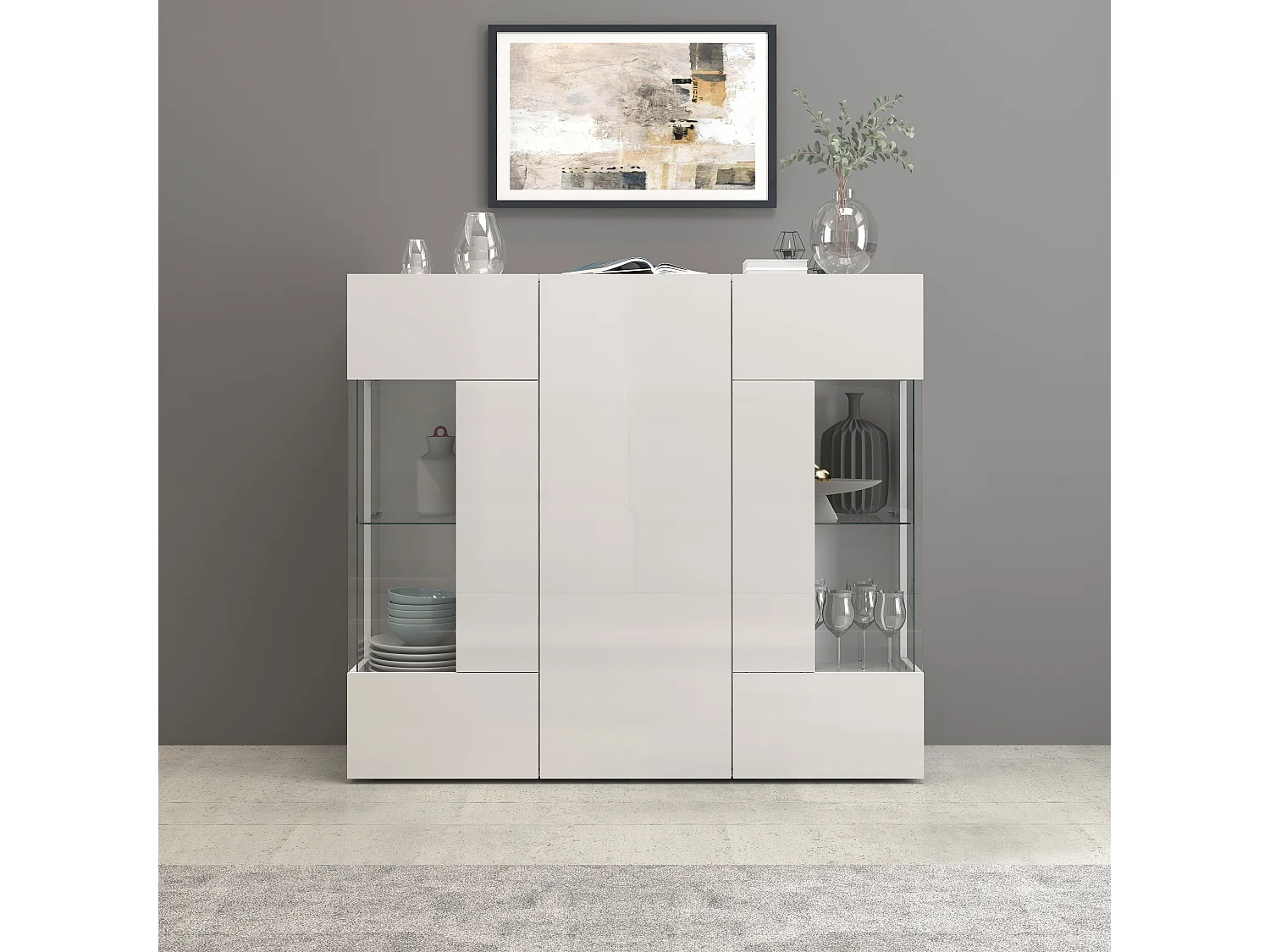 Aparador Egypt con 3 puertas e inserciones de cristal expositor blanco brillo 135x40x120 cm