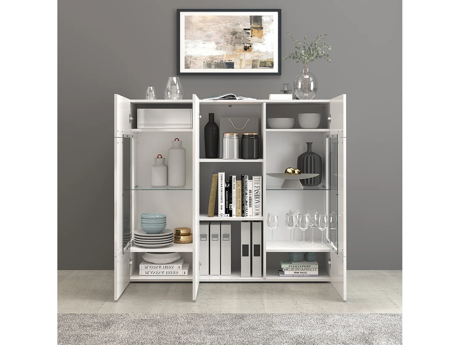 Aparador Egypt con 3 puertas e inserciones de cristal expositor blanco brillo 135x40x120 cm