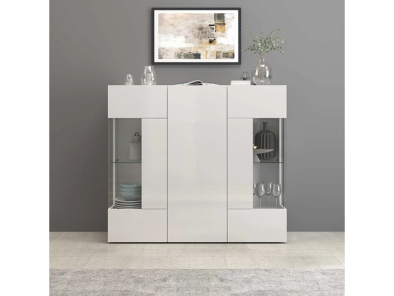 Credenza Egypt con 3 ante e inserti in vetro espositivi bianco lucido 135x40x120 cm