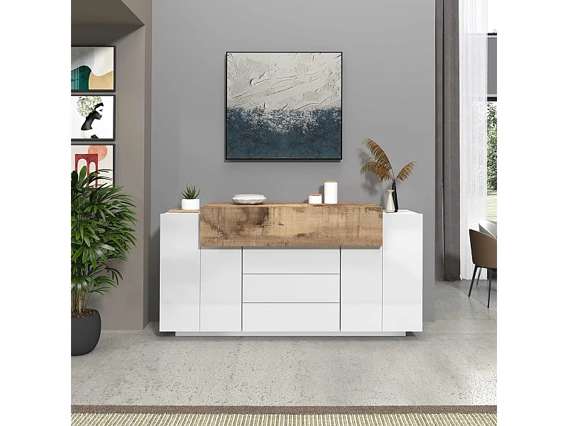 Credenza Corona 2 ante e 3 cassetti bianco lucido e acero pereira 160x45x85 cm