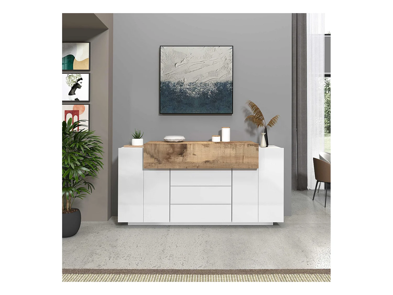 Credenza Corona 2 ante e 3 cassetti bianco lucido e acero pereira 160x45x85 cm