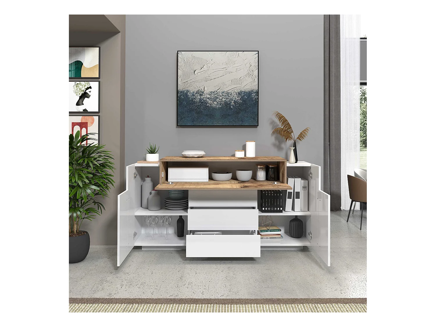 Credenza Corona 2 ante e 3 cassetti bianco lucido e acero pereira 160x45x85 cm