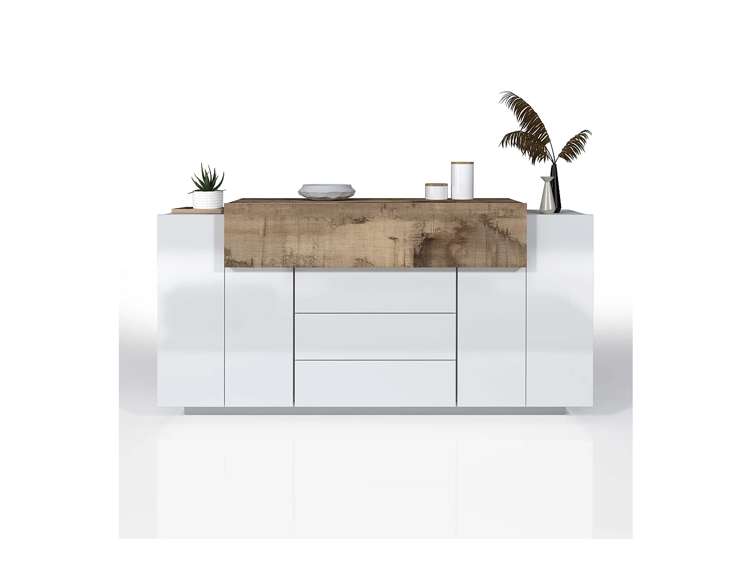 Credenza Corona 2 ante e 3 cassetti bianco lucido e acero pereira 160x45x85 cm